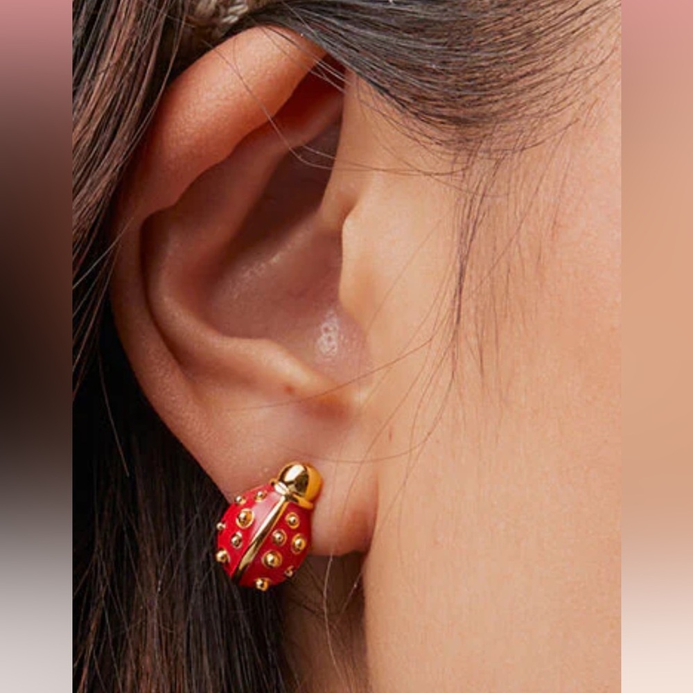 🛑SOLD BNWT Lele Sadoughi 14k Gold Plated Enamel Ladybug Earrings $65 + $6 CA tax
